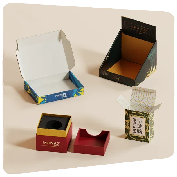 Four popular types of custom boxes for businesses: mailer, rigid, folding carton, and display